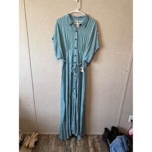 Free‎ People Maxi Dress Medium Blue Striped Button Down Belted Boho Casual